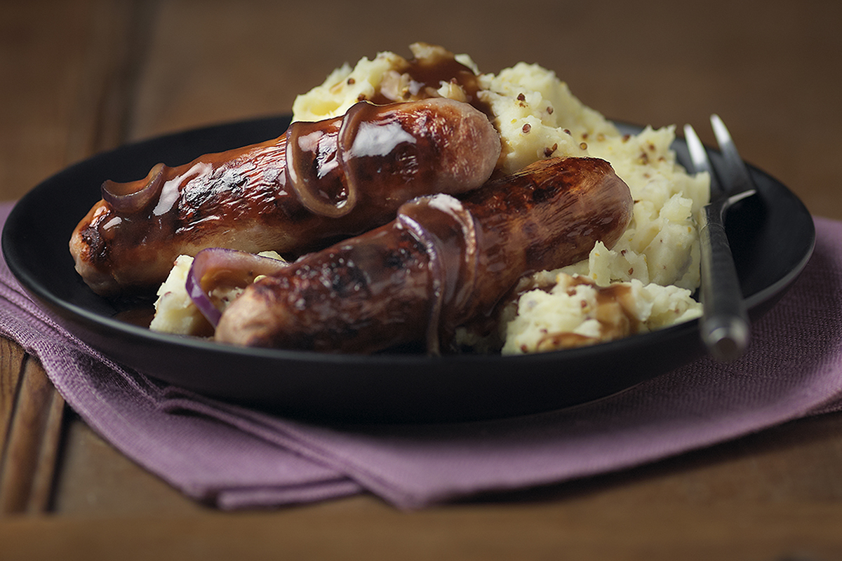 Mustard Mash with Sausages and Onion Gravy Onken Onken