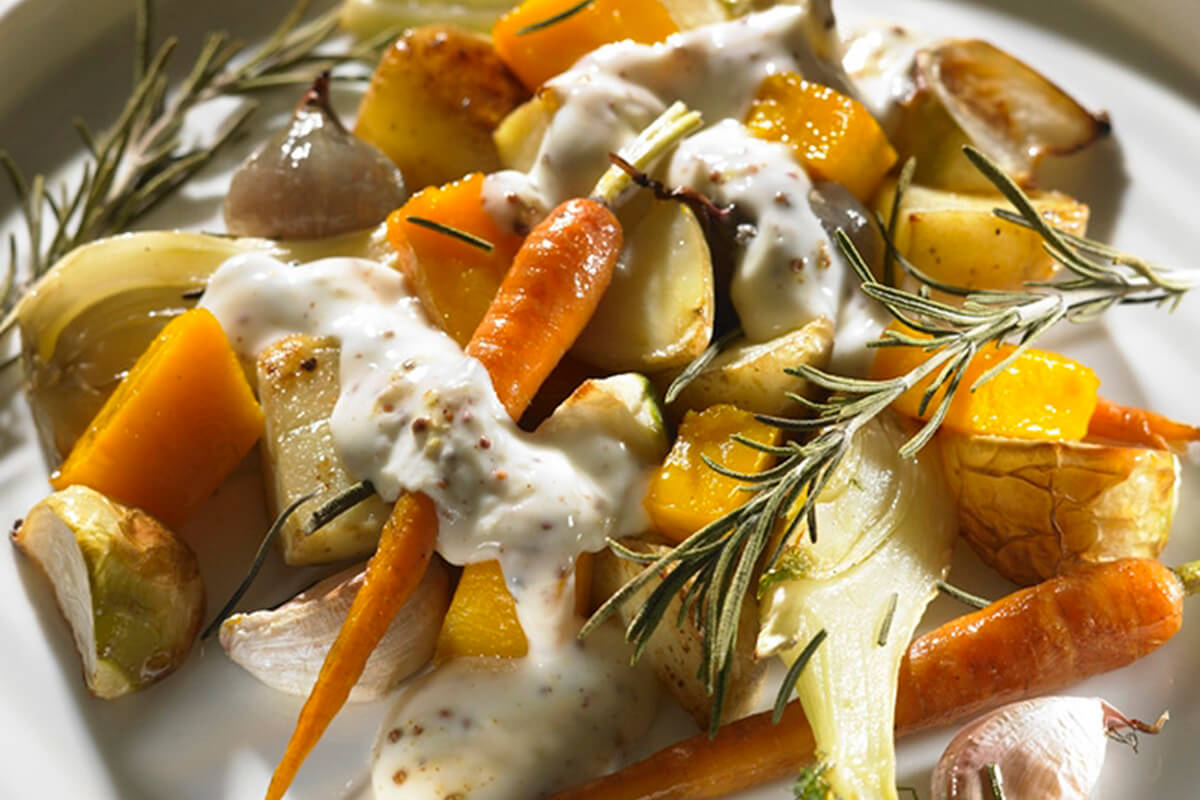 Oven Roasted Vegetables with Wholegrain Mustard Sauce Onken Onken