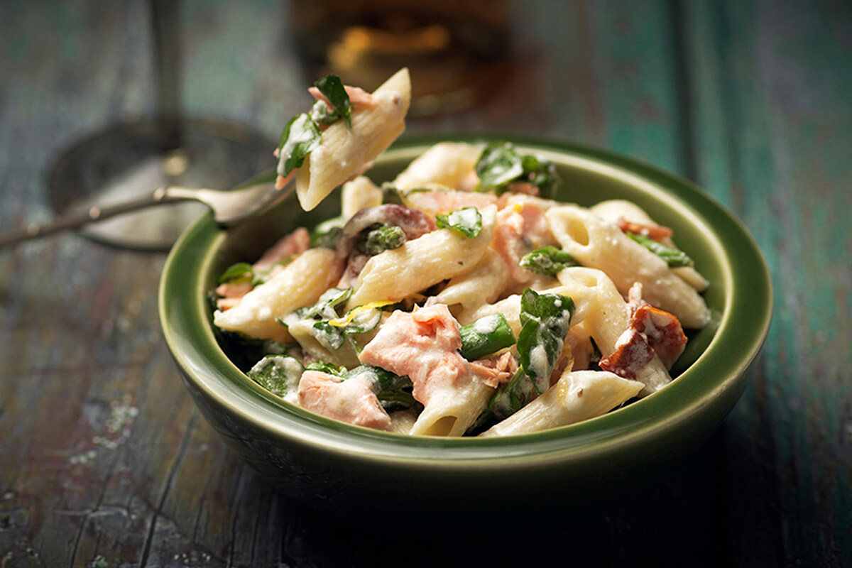 Salmon & Asparagus Penne with a Watercress and Yogurt Sauce - Onken Onken